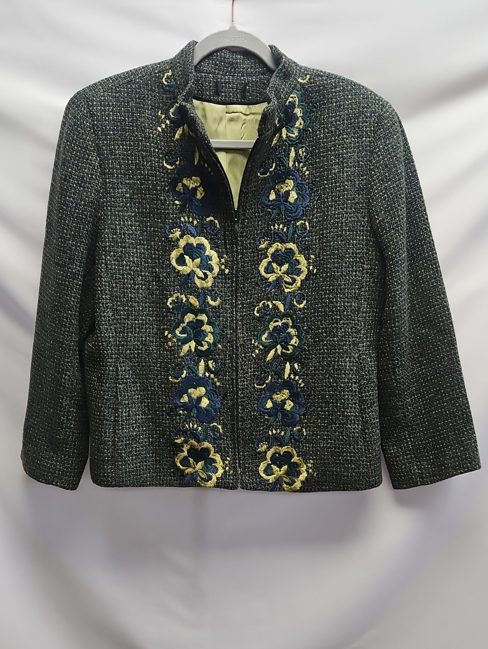 Vintage Embroidered Wool Blend Jacket Womens 10 Blue Green Floral Zip Front Boho